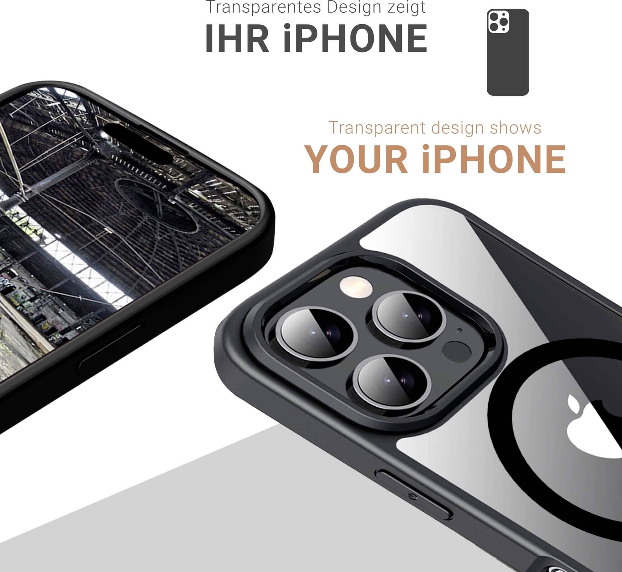 Transparente Handyhülle für iPhone, zeigt das Gerätedesign. Nahaufnahme der Kamera und Gehäuse, Hintergrund in Industrieoptik.