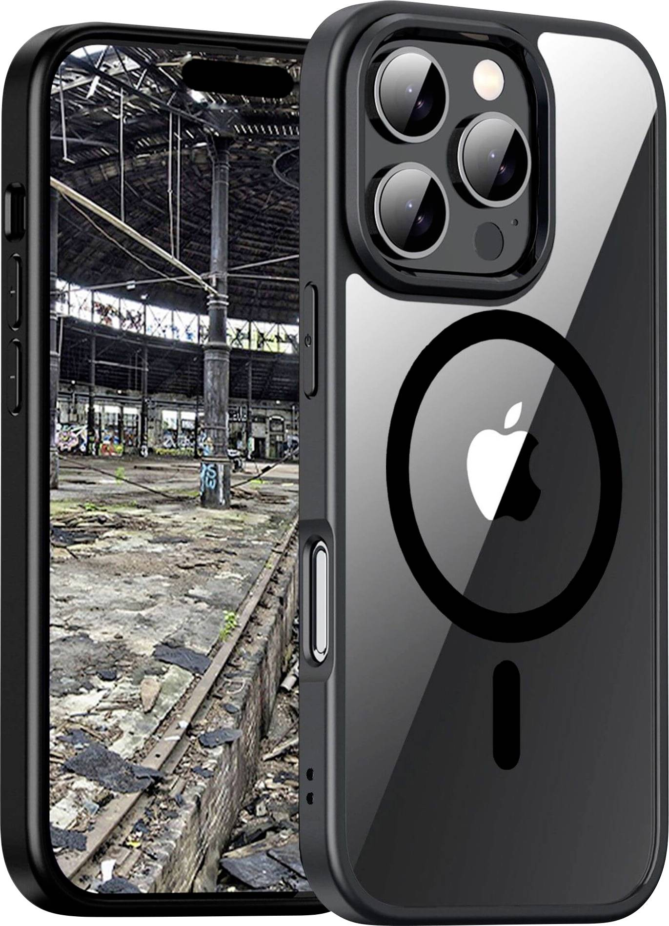 Zwei Smartphones mit Schutzhülle stehen nebeneinander. Auf dem Display ist ein Bild einer verlassenen, grafittierten Fabrikhalle zu sehen.