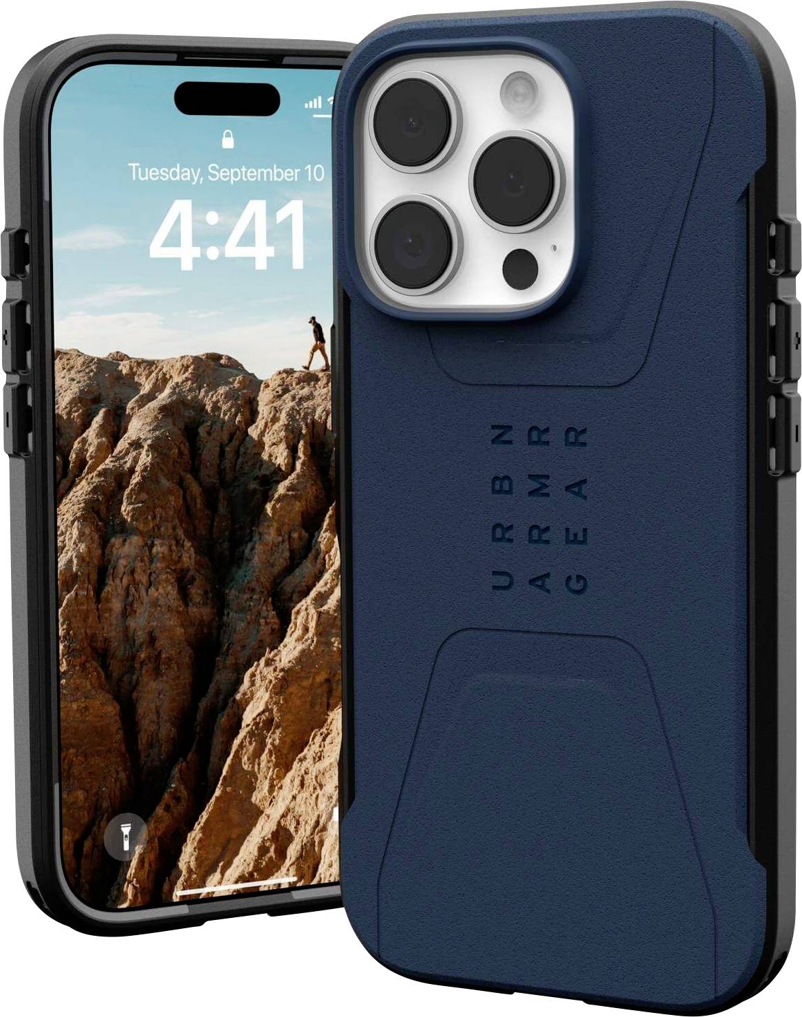 Zwei Smartphones: Eines zeigt eine Berglandschaft auf dem Display mit Uhrzeit und Datum, das andere hat eine robuste, blaue Schutzhülle.