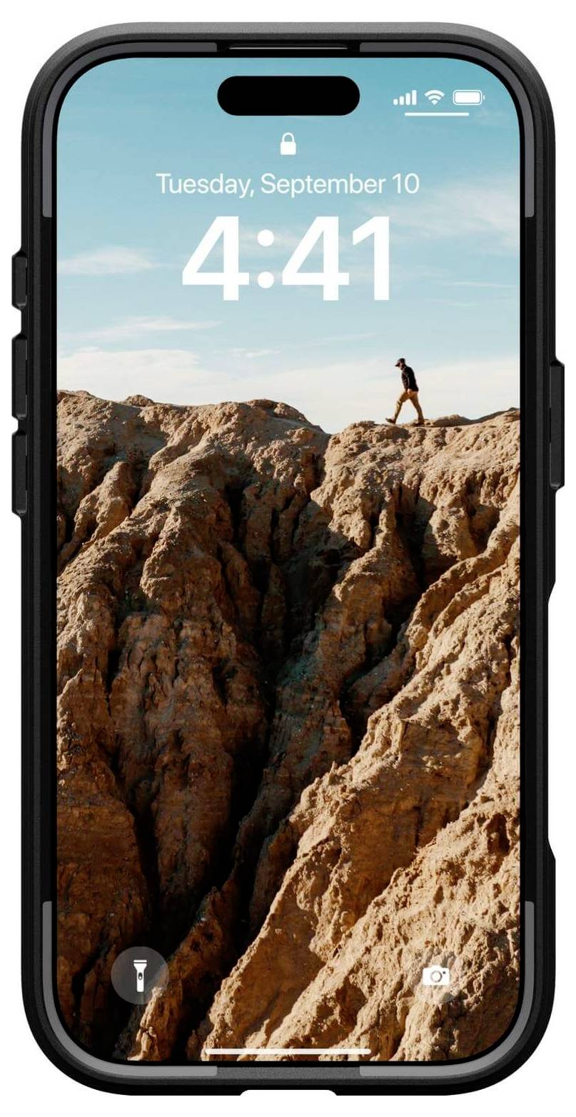 Ein Smartphone zeigt einen Sperrbildschirm mit Datum 'Dienstag, 10. September', Uhrzeit '4:41'. Hintergrundbild: Person wandert auf Felsen.