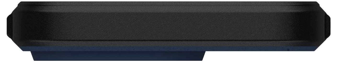 Schwarze rechteckige Box mit abgerundeten Ecken, seitlich betrachtet.