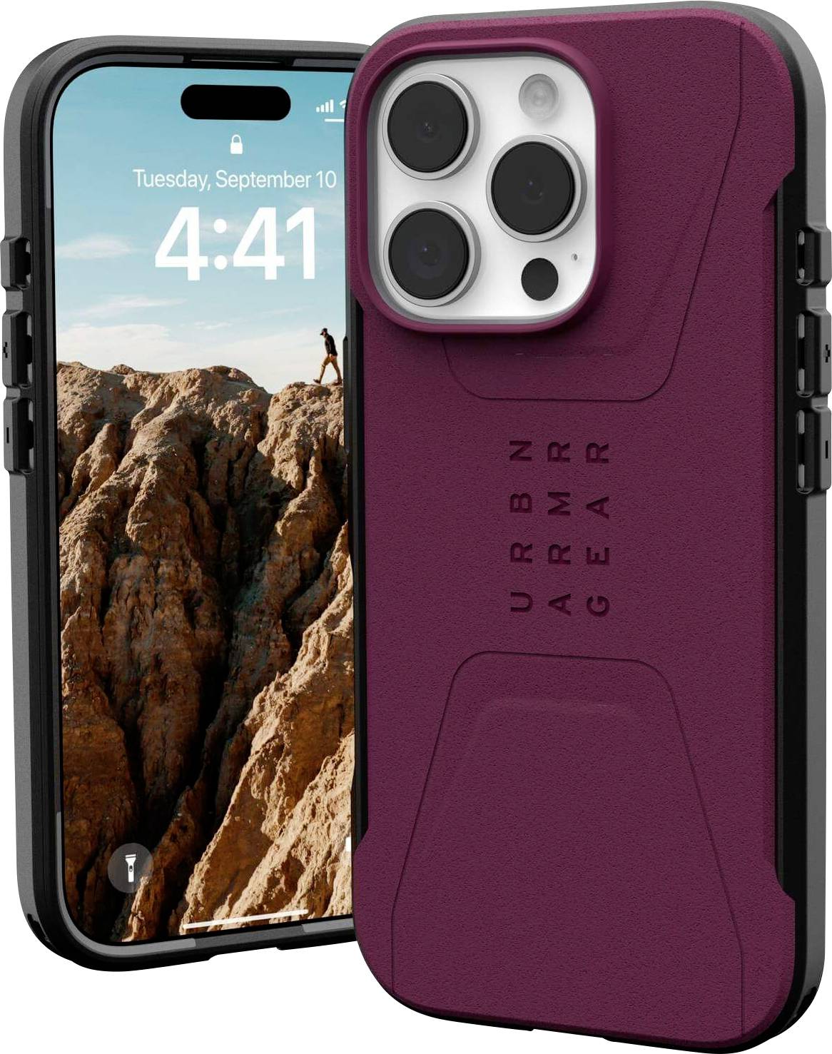 Smartphone mit robustem lila Gehäuse auf einer steinigen Landschaft als Hintergrund, Uhrzeit 4:41 angezeigt.