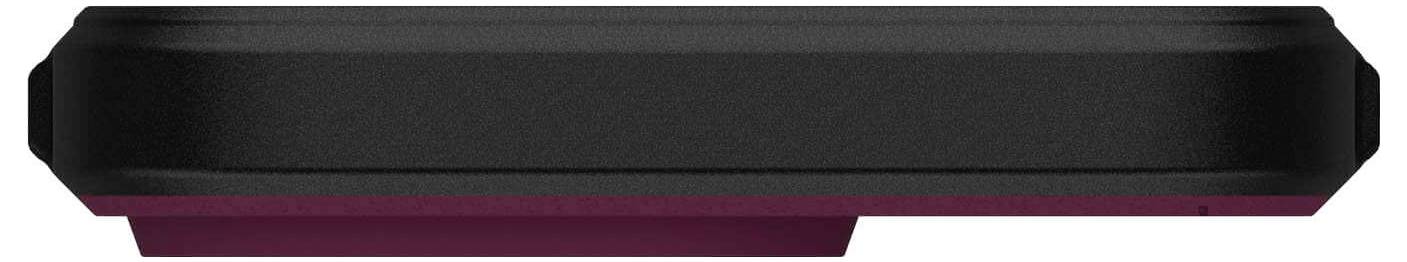 Schwarzes rechteckiges Objekt mit leicht abgerundeten Ecken und einer tiefroten Unterseite.