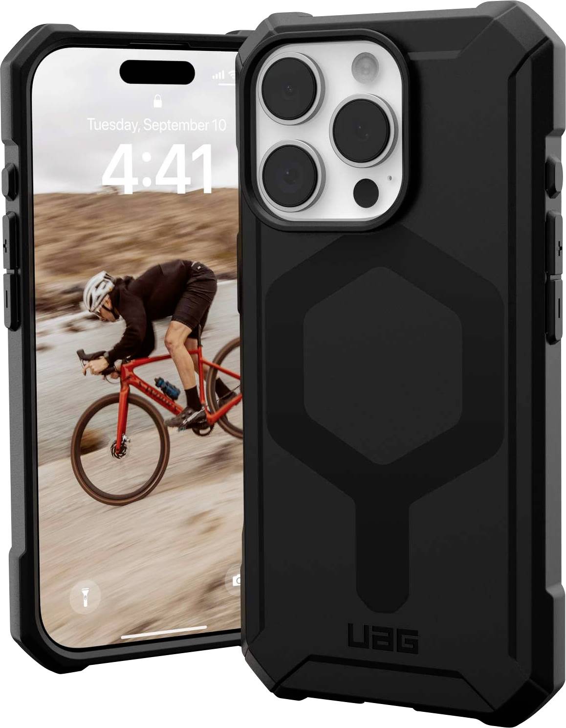 Zwei schwarze Smartphone-Hüllen, eine davon schützt ein Handy mit dem Bild von einem Fahrradfahrer im Hintergrund.