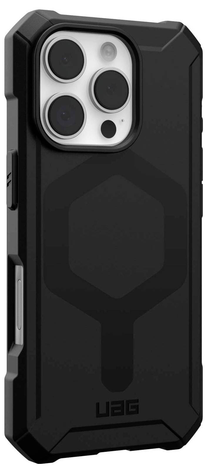 Schwarzes robustes Handy-Case mit strukturiertem Design und Aussparungen für Kamera und Tasten.