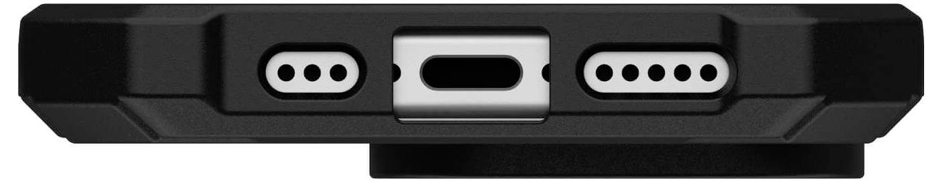 Unterseite eines Smartphones mit Ladeanschluss in der Mitte, flankiert von zwei symmetrischen Lautsprechergittern auf beiden Seiten.