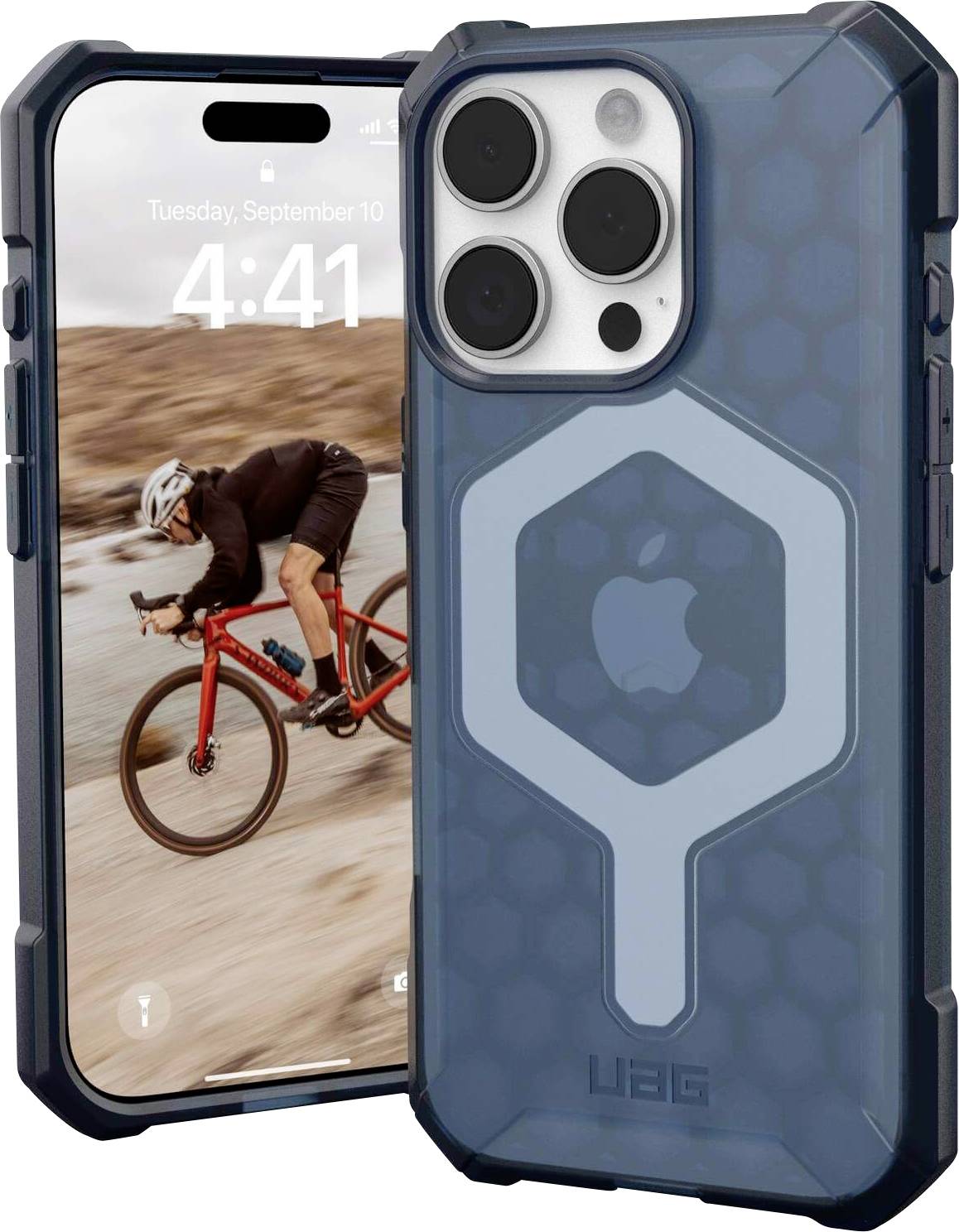 Zwei iPhones in blauen Schutzhüllen. Auf einem Display ist ein Radfahrer in Bewegung. Die Hülle zeigt das UAG-Logo.