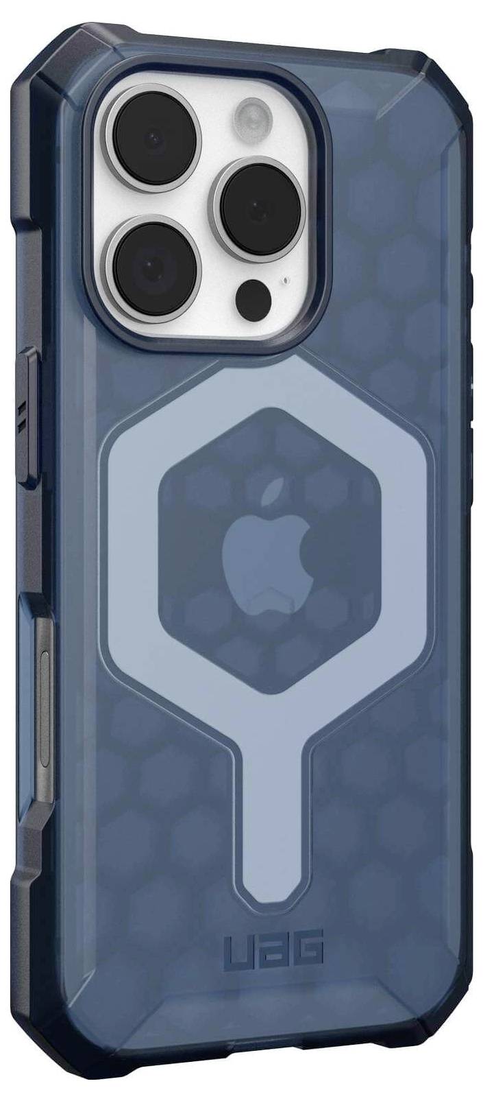 Ein robustes Smartphone-Case mit verstärkten Ecken, dunkelblau, mit durchsichtigem Rückenteil, passend für ein iPhone mit drei Kameralinsen.