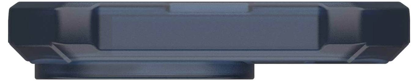 Ein rechteckiges, dunkelblaues, technologisches Gerät mit abgerundeten Ecken und einem hervorstehenden Kreis am unteren Rand.