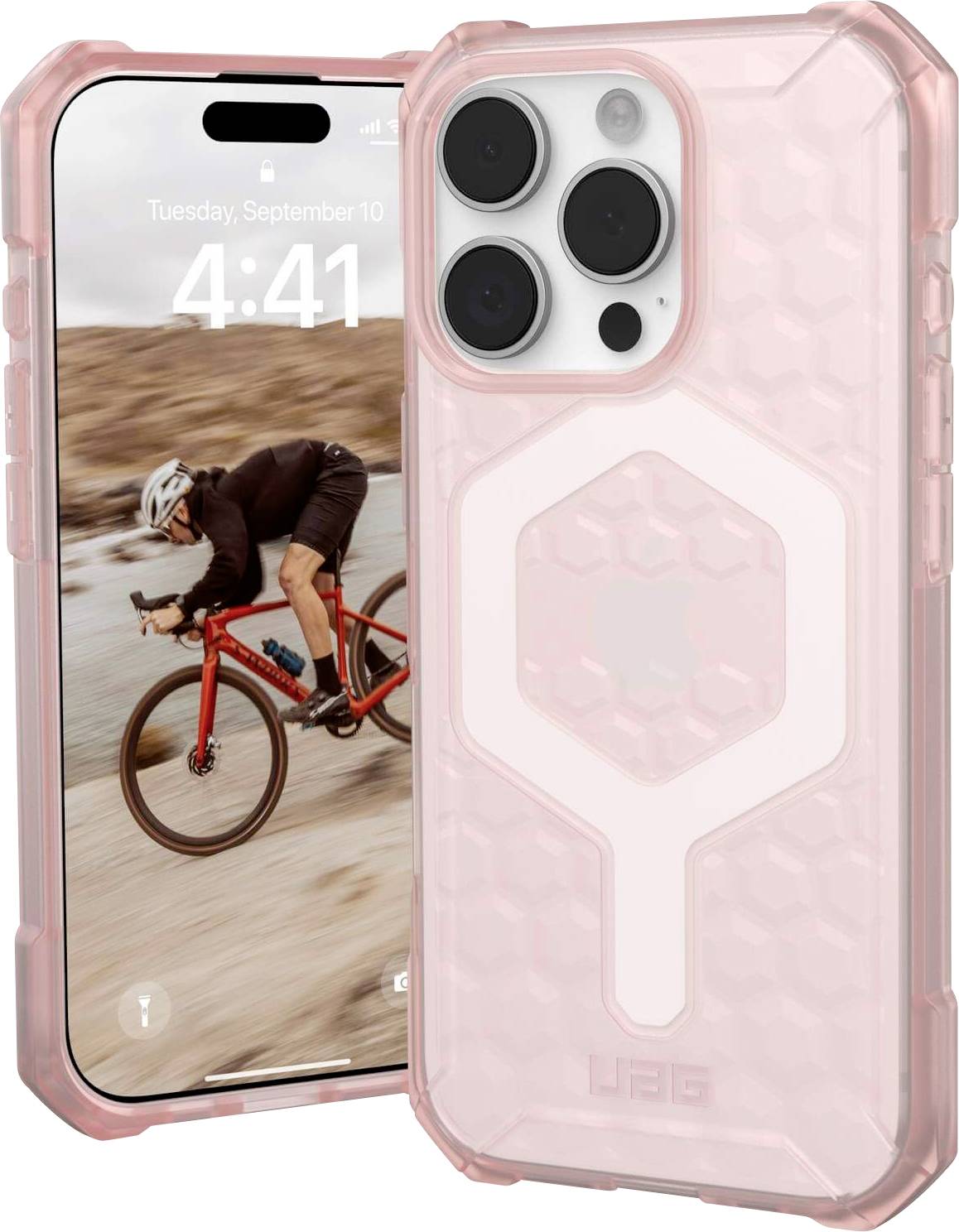 Ein Roségold-Handy mit einer durchsichtigen Schutzhülle steht aufrecht. Der Bildschirm zeigt 4:41 Uhr und das Datum Dienstag, 19. September.