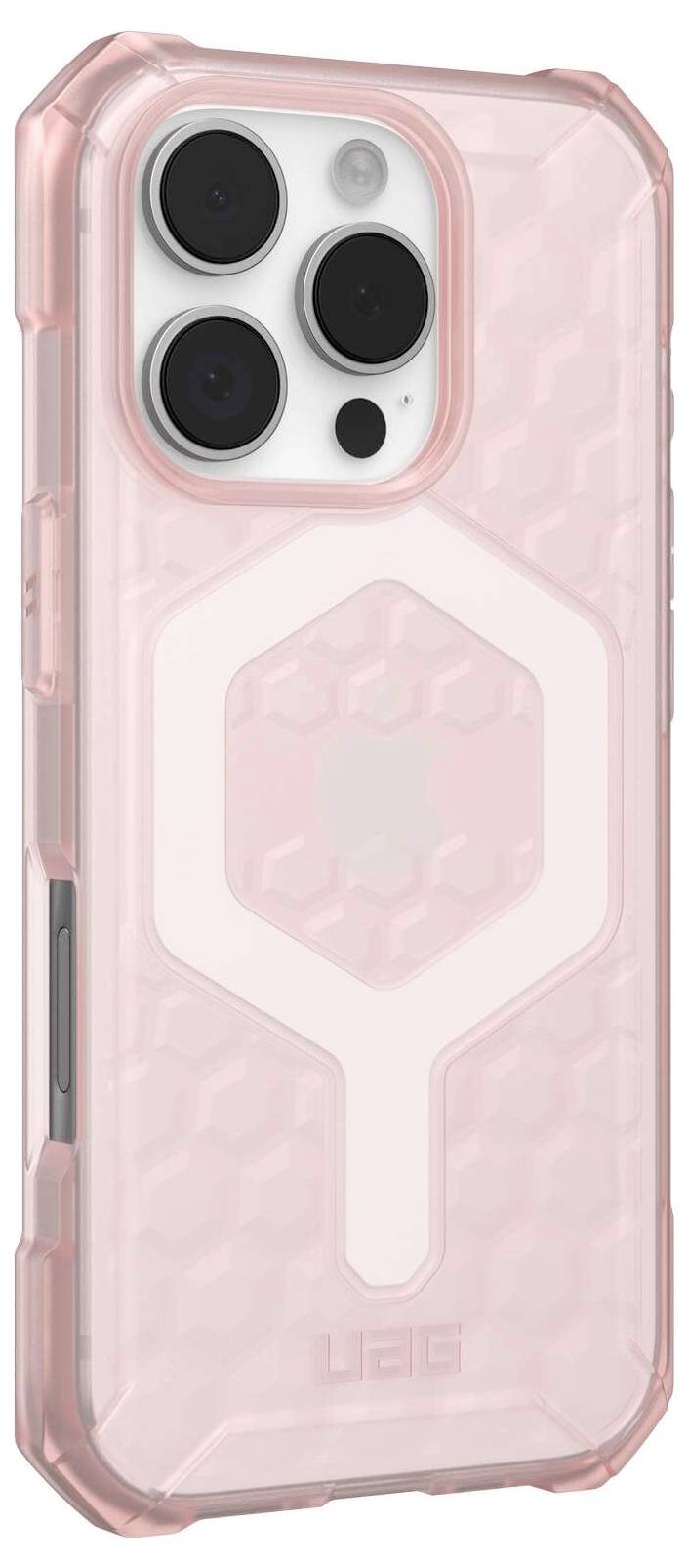 Smartphone-Hülle in Rosa, transparent mit hexagonalem Muster, zeigt eine robuste Ausführung mit drei Kamera-Aussparungen.