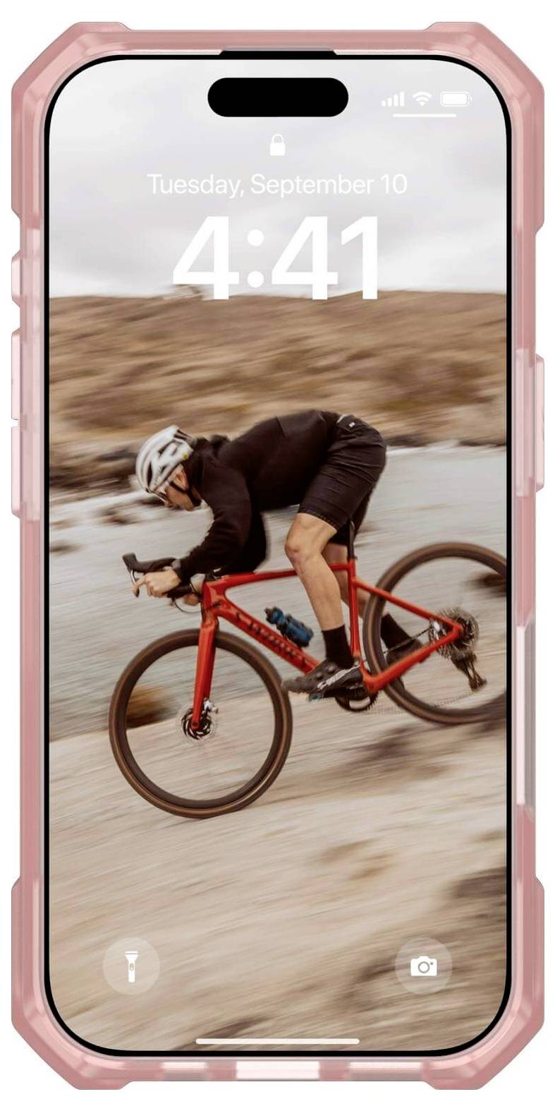 Ein Smartphone mit angezeigtem Sperrbildschirm zeigt einen Radfahrer in Aktion auf einem Schotterweg. Datum: Dienstag, 10. September. Uhrzeit: 4:41.