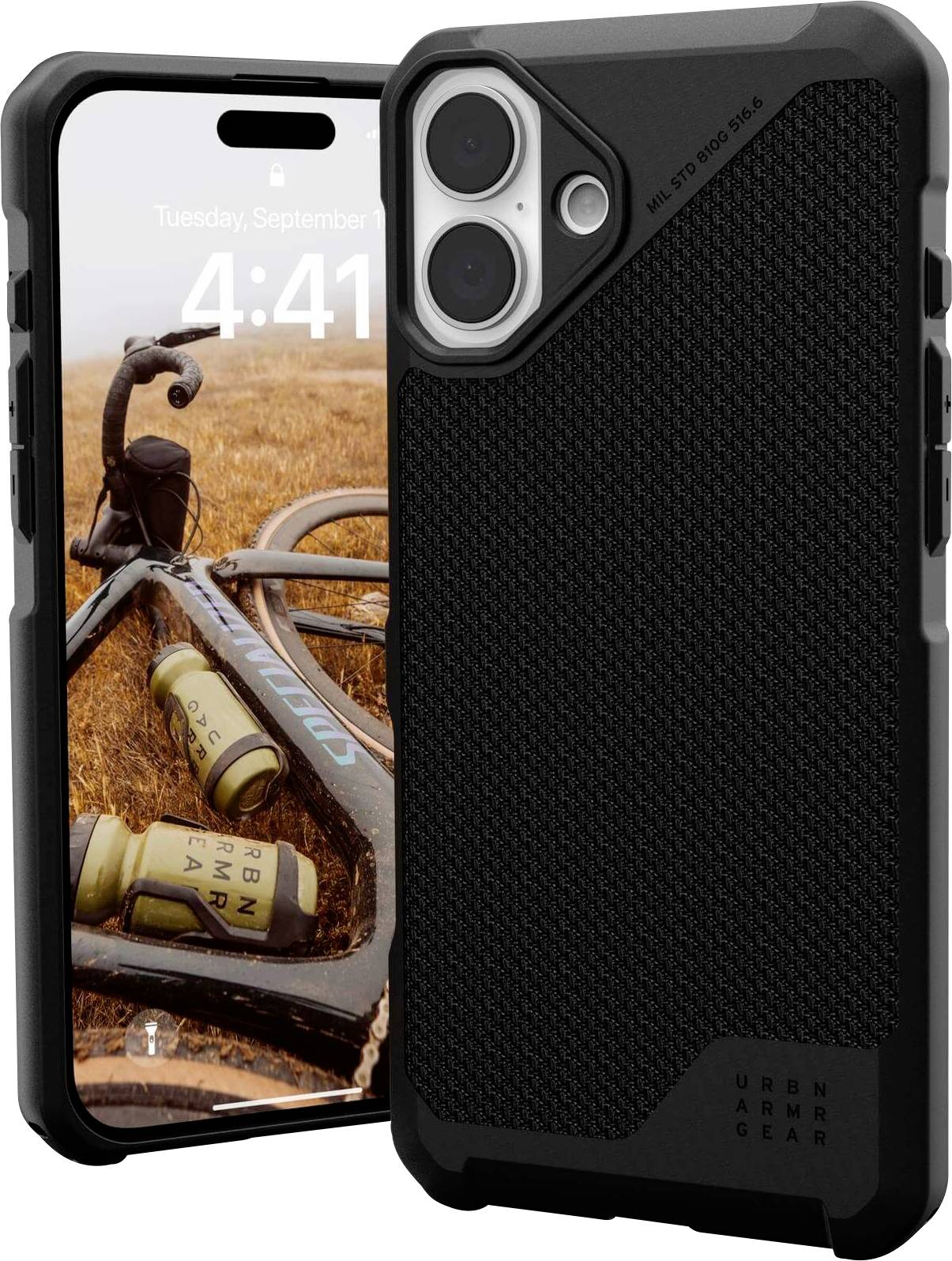 Schutzhülle für Smartphone auf Holzsteg neben Fahrrad. Bildschirm zeigt 4:41 Uhr und Datum. Flaschen im Hintergrund.