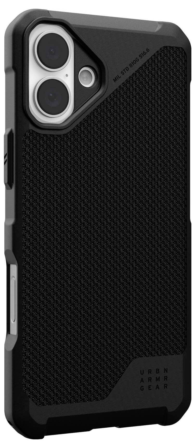 Smartphone-Hülle in Schwarz mit einer strukturierten Oberfläche und zwei Kameralöchern hinten. Schlichtes, robustes Design.