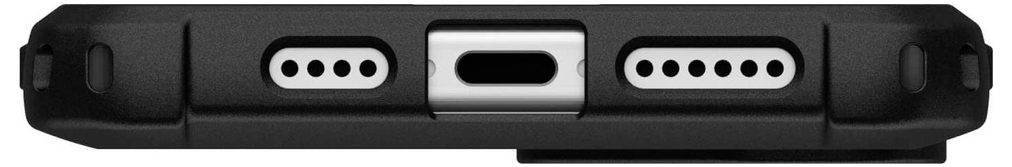 Eine Nahaufnahme eines Smartphone-Ladeanschlusses und Lautsprechergitters, umgeben von einer schwarzen Schutzhülle.