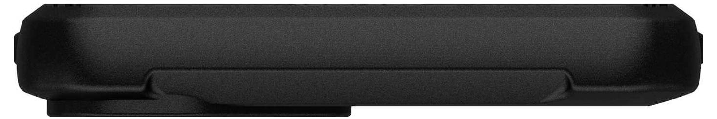 Eine schwarze, rechteckige elektronische Geräteseite. Flach mit abgerundeten Ecken und einer kleinen Lasche auf der Unterseite.
