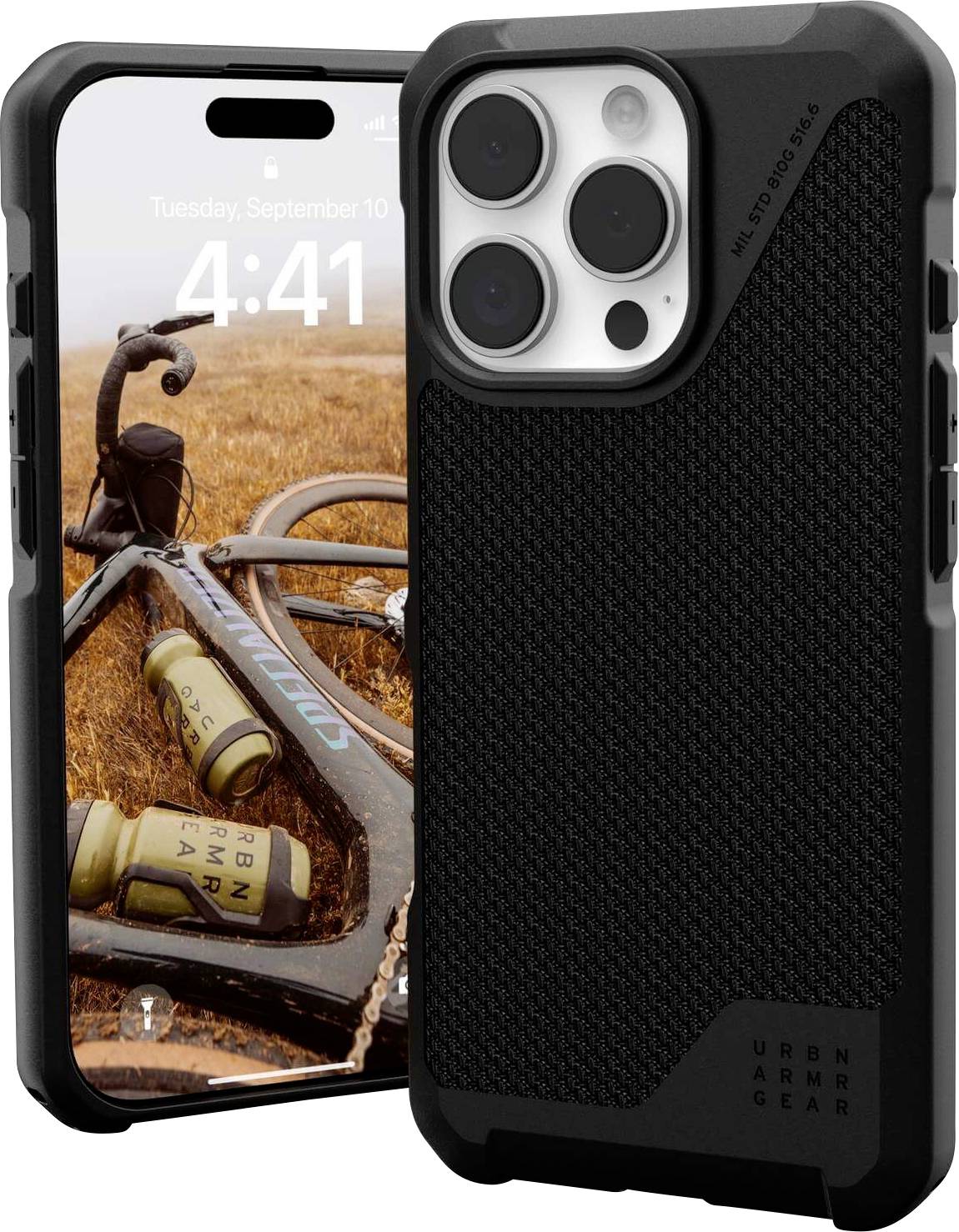 Smartphone mit schützendem, schwarzem Gehäuse steht aufrecht. Der Bildschirm zeigt die Uhrzeit 4:41 und ein Fahrrad im Hintergrund.