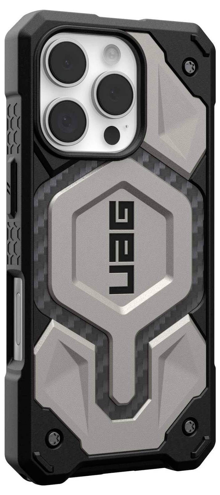 Robustes Smartphone-Case mit drei Kameraöffnungen und strukturiertem Design, Markenlogo in der Mitte, bietet erweiterten Schutz.