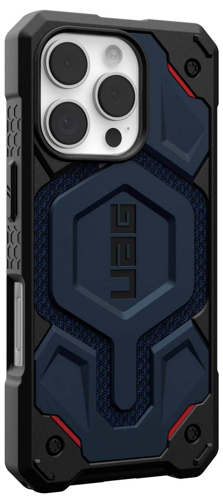 Schutzhülle für Smartphone, robustes Design in Schwarz und Dunkelblau mit roten Akzenten, bietet erweiterten Schutz für das Gerät.
