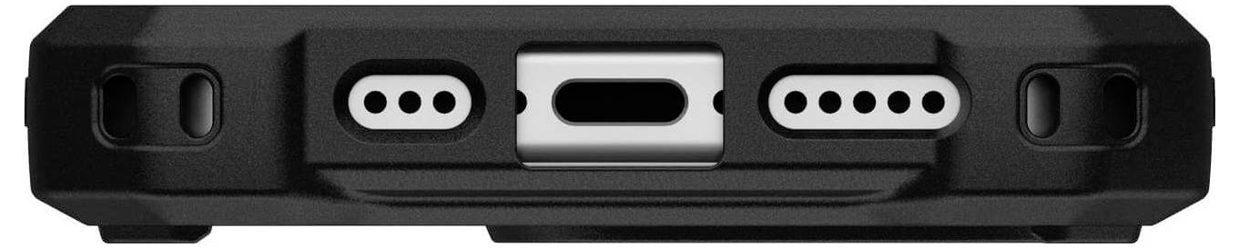 Unterseite eines schwarzen Geräts mit einem USB-C-Anschluss in der Mitte, flankiert von zwei Lautsprechergittern.