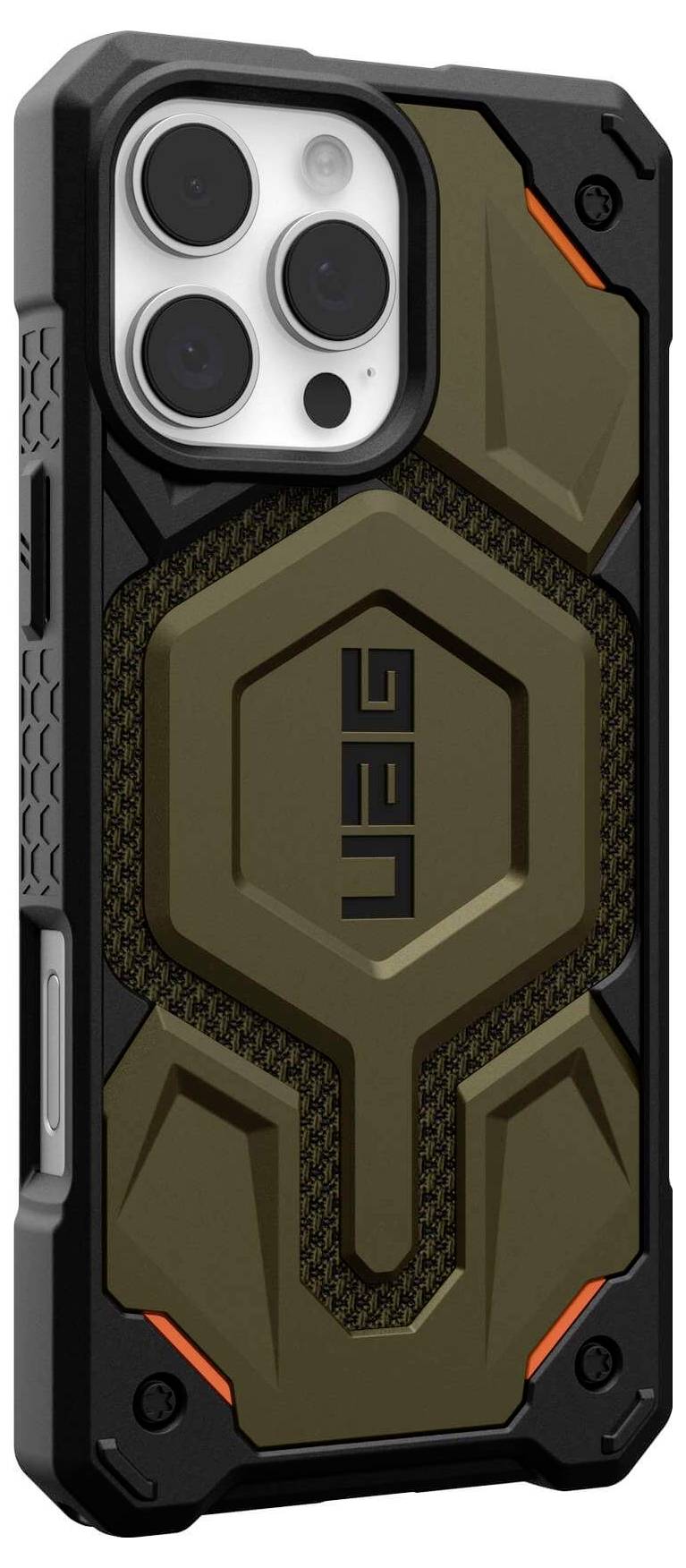 Ein robustes Smartphone mit einer braun-schwarzen Schutzhülle, die hexagonale Muster und rote Akzente aufweist, liegt aufrecht.