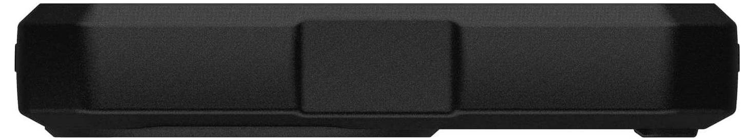 Schwarzes rechteckiges Gehäuse mit glatter Oberfläche und abgerundeten Kanten. Es scheint eine schützende Funktion zu haben.