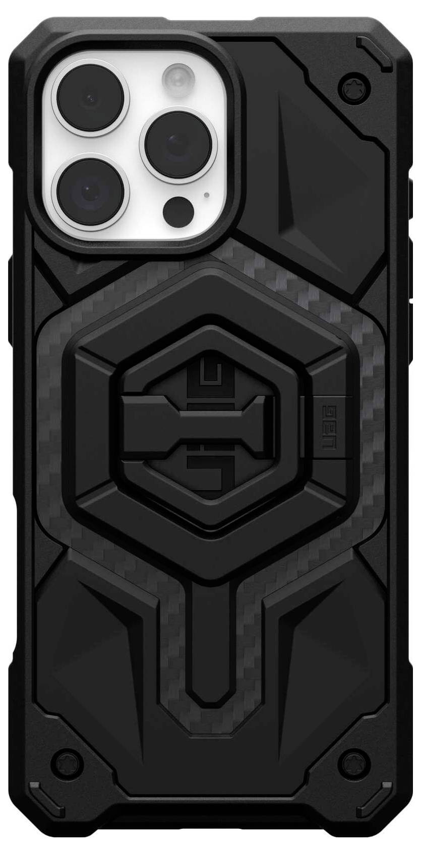 Smartphone mit robustem, schwarzem Schutzgehäuse, markantes geometrisches Design, Kamera mit drei Objektiven auf der Rückseite sichtbar.