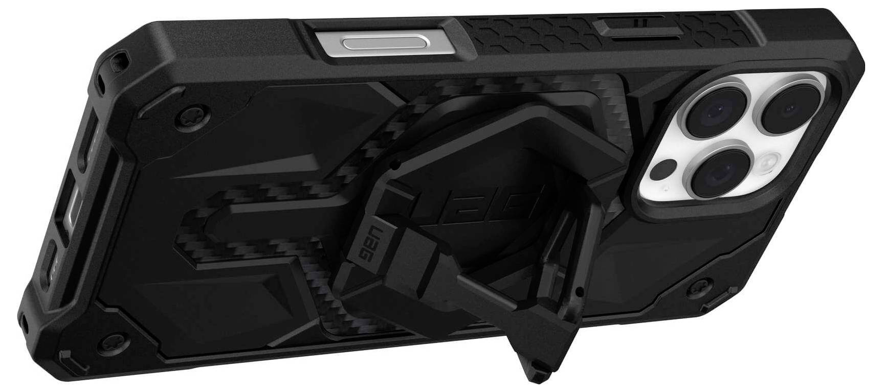 Eine robuste, schwarze Handyhülle mit integriertem Ständer, geeignet für neuere Smartphone-Modelle.