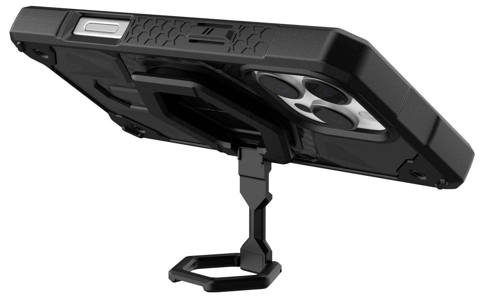 Ein schwarzes Smartphone in einer robusten Schutzhülle, aufrecht mit einem klappbaren Standfuß. Drei Kameralinsen auf der Rückseite sichtbar.