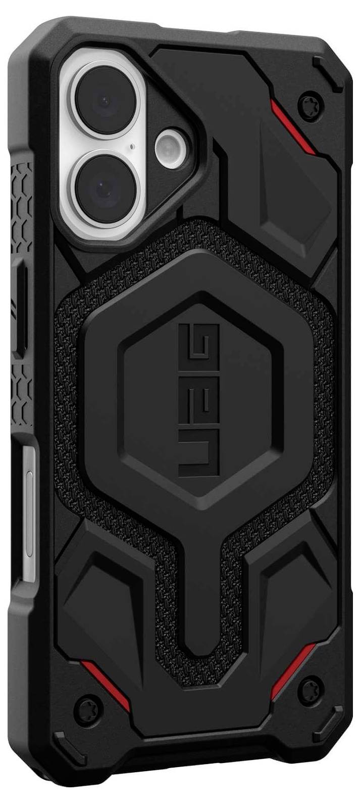 Schwarzes, robustes Handycase mit hexagonalem Muster und roten Akzenten. Bietet Schutz für elektronisches Gerät.