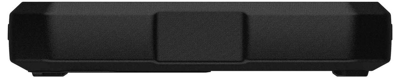 Schwarze, rechteckige Box mit glatter Oberfläche.