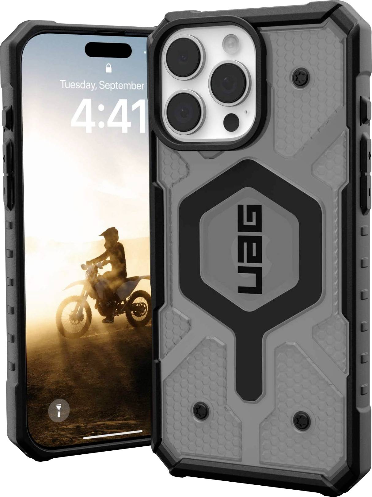 Smartphone mit robuster Hülle in Grau und Schwarz, angezeigte Uhrzeit: 4:41. Hintergrundbild zeigt Person auf Motocross-Motorrad.