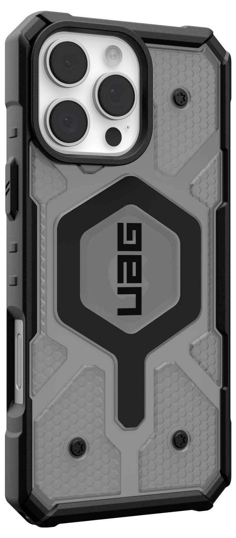 Schwarz-graues Smartphone mit robuster, schützend gestalteter Hülle. Markenname 'UAG' in der Mitte der Rückseite.