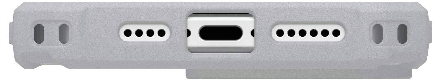 Unterseite eines Smartphones mit USB-C-Anschluss und Lautsprechergittern. Gerät hat eine graue Hülle.