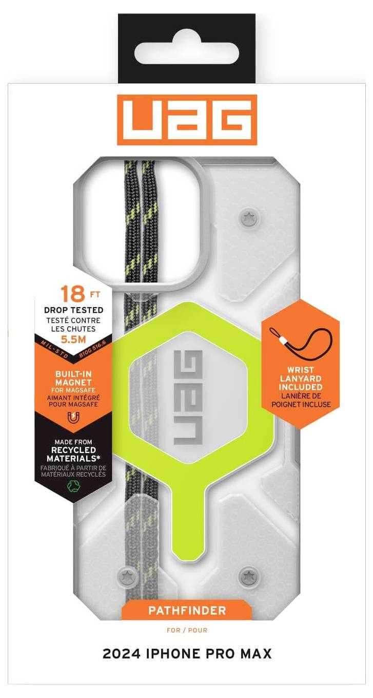 Verpackung einer UAG iPhone Pro Max Hülle, Modell Pathfinder, zeigt Sturzsicherheit von 5,5 m, integrierten Magneten, umweltfreundliche Materialien.