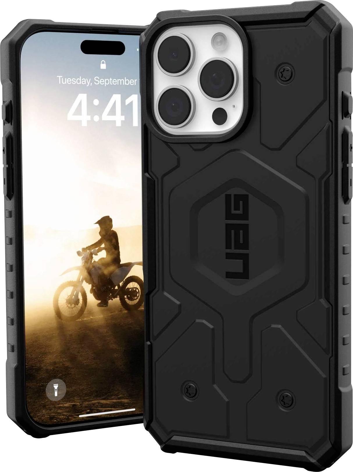 Schwarzes robustes Smartphone-Case zeigt auf dem Display ein verschwommenes Bild eines Motorrads bei Sonnenuntergang, Uhrzeit 4:41.