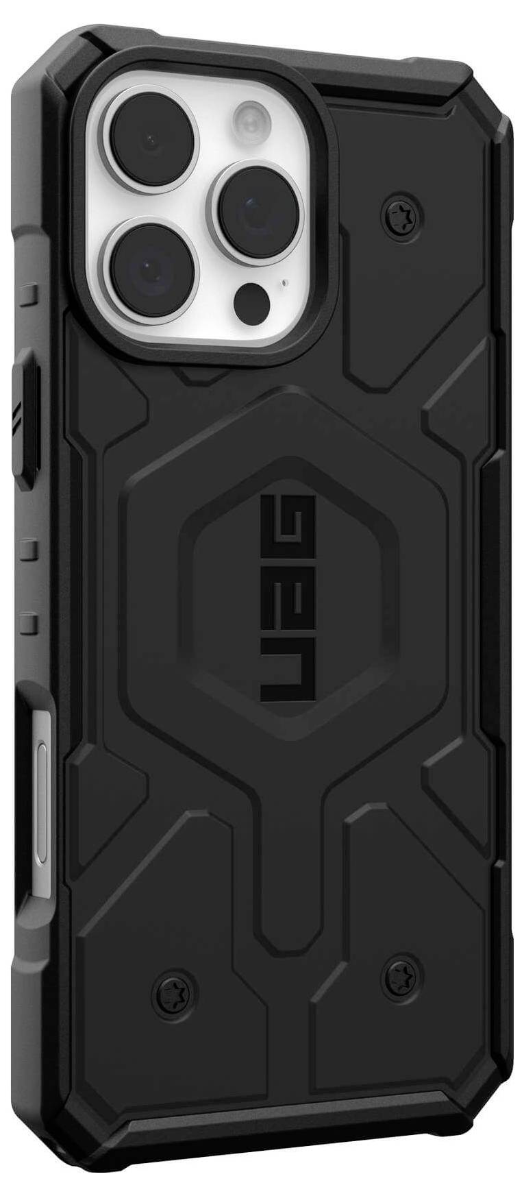 Schwarzes, robustes Smartphone-Case mit abgerundeten Ecken und verstärkten Kanten, das ein Gerät mit Kameramodul auf der Rückseite bedeckt.