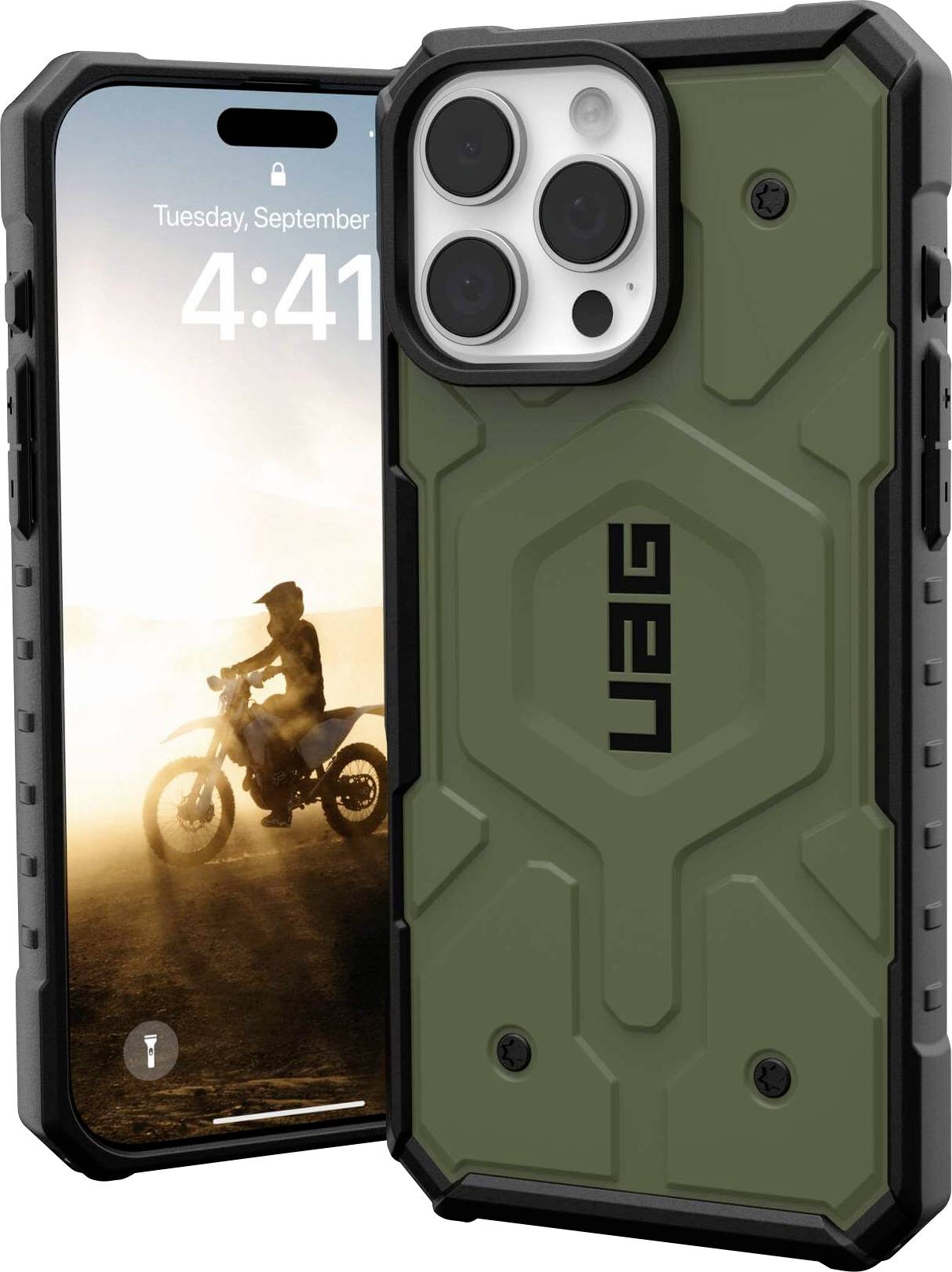 Smartphone mit robustem, olivgrünem Schutzcase; auf dem Bildschirm ein Motorradfahrer vor Sonnenuntergang als Hintergrundbild.