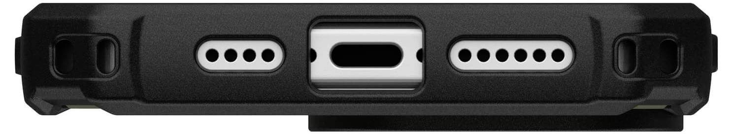 Untere Ansicht eines Smartphones in einer schwarzen Hülle mit sichtbarem Ladeanschluss und Lautsprechergittern.