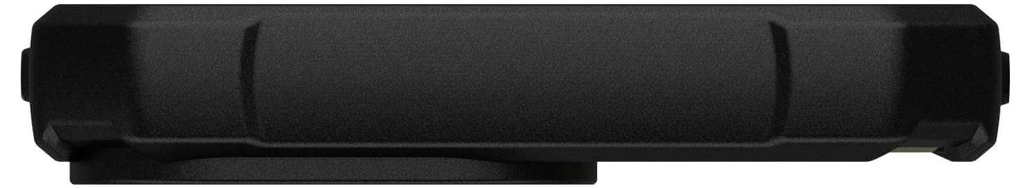 Ein schwarzes, rechteckiges Gerät von oben betrachtet, möglicherweise ein elektronisches Gerät mit einer Abdeckung oder einem Gehäuse.