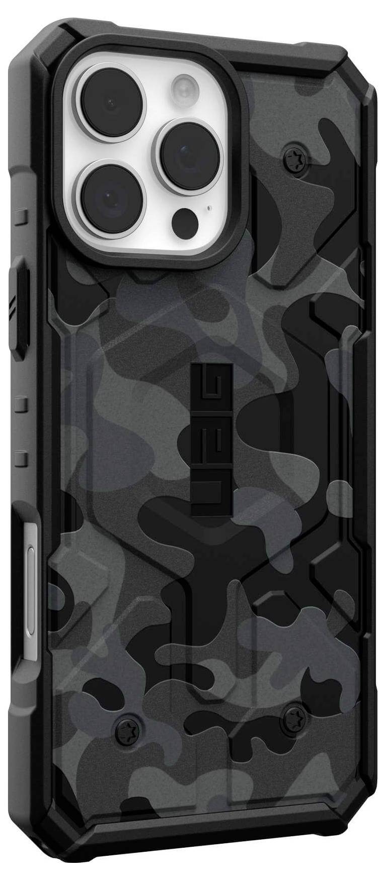 Schwarz-graues Smartphone in robuster Schutzhülle mit Tarnmuster, vertikal ausgerichtet.
