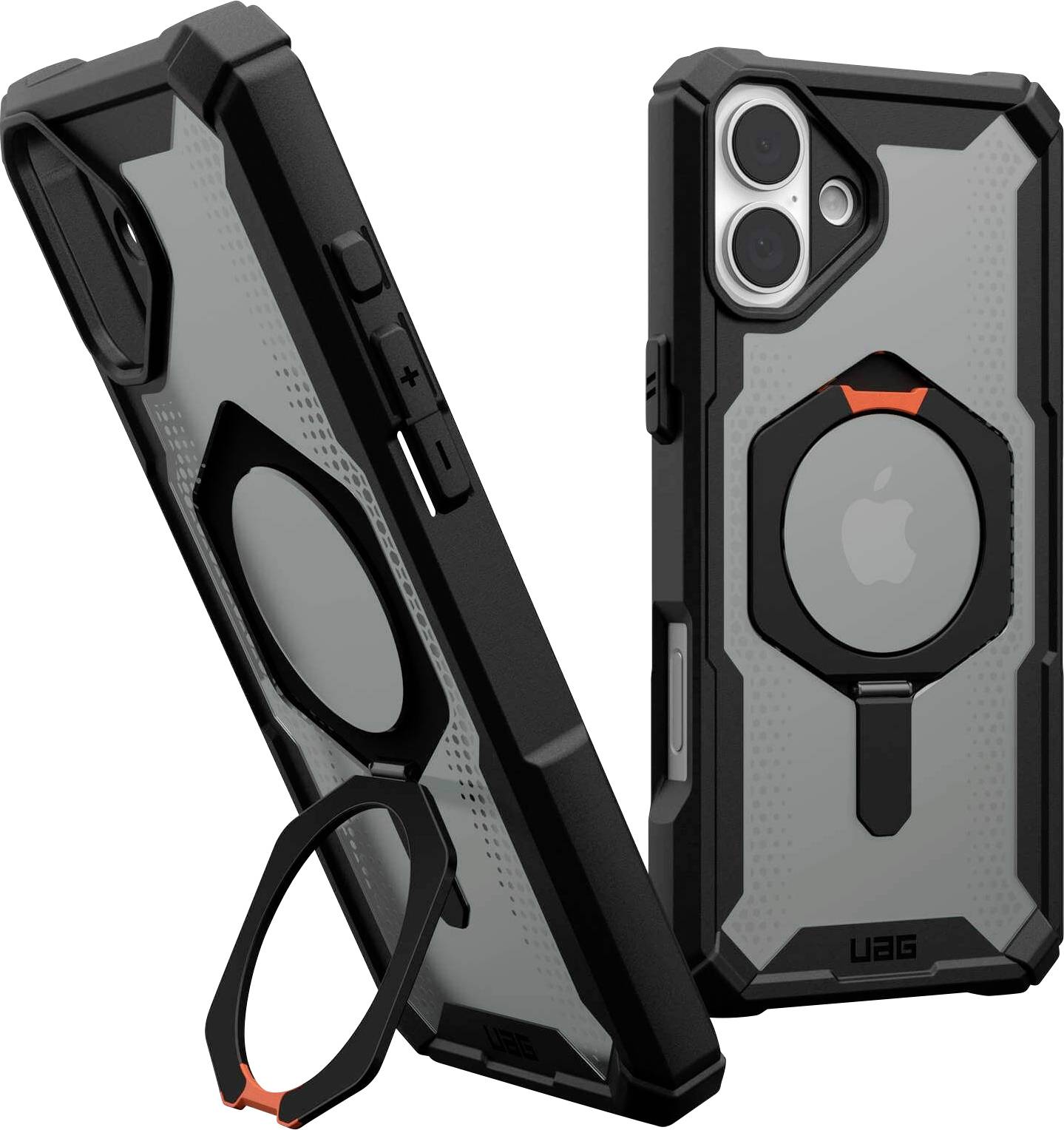 iPhone-Hüllen von UAG mit robustem Design in Schwarz und Grau, zeigen das Apple-Logo durch ein transparentes Fenster.