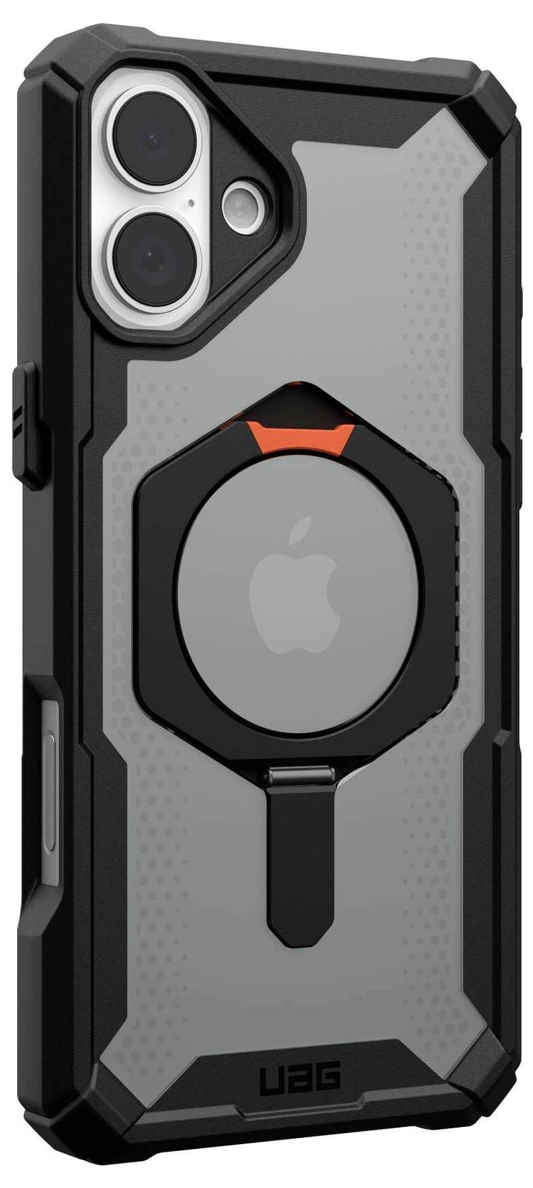 Robuste Handyhülle mit schwarzem Rahmen und grauer Rückseite, ausgestattet mit einem roten Akzent und einem runden Halter in der Mitte.