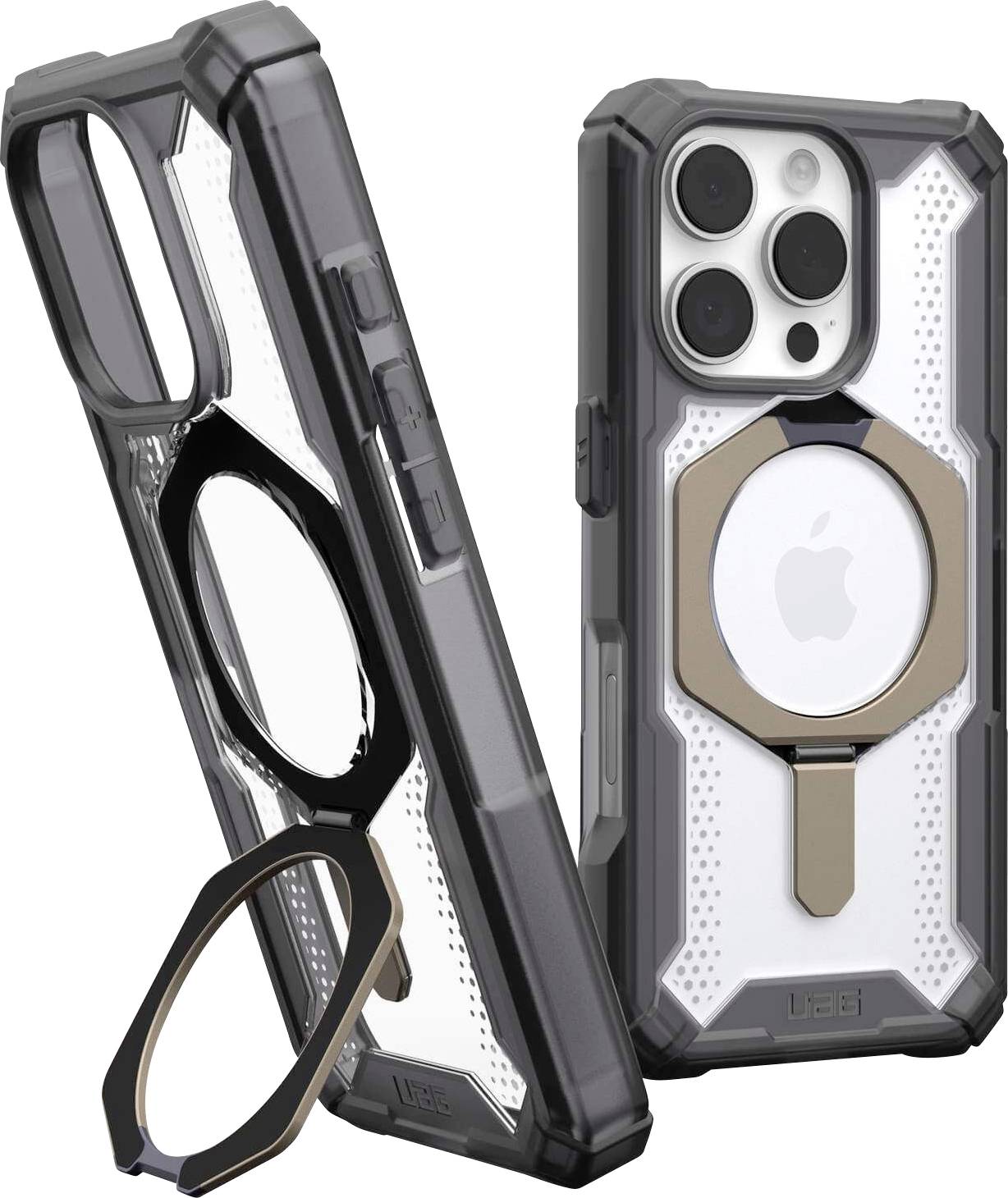 Zwei robuste Handyhüllen aus transparentem Material mit schwarzem Rand. Eine zeigt die Rückseite, die andere die Front mit runden Ringdetails.