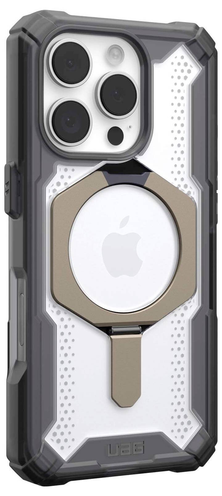 Eine Handyhülle mit robustem Design zeigt das Kameramodul und das Apple-Logo. Sie bietet Schutz und ist mit einer Metallplatte verziert.