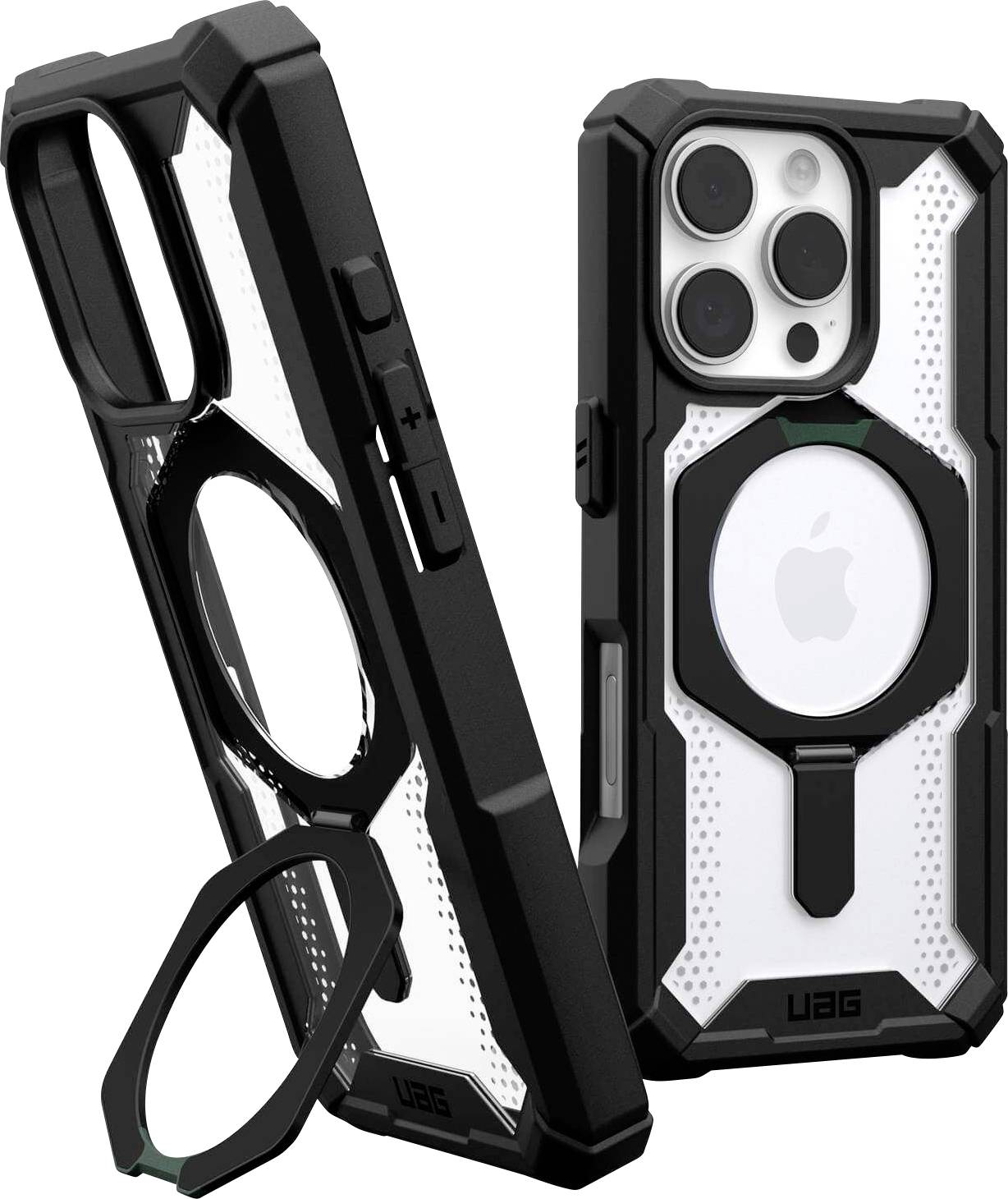 Zwei robuste Smartphone-Hüllen mit integrierten Ständern. Eine zeigt die Rückseite eines Telefons mit Logo, die andere die Innenseite.