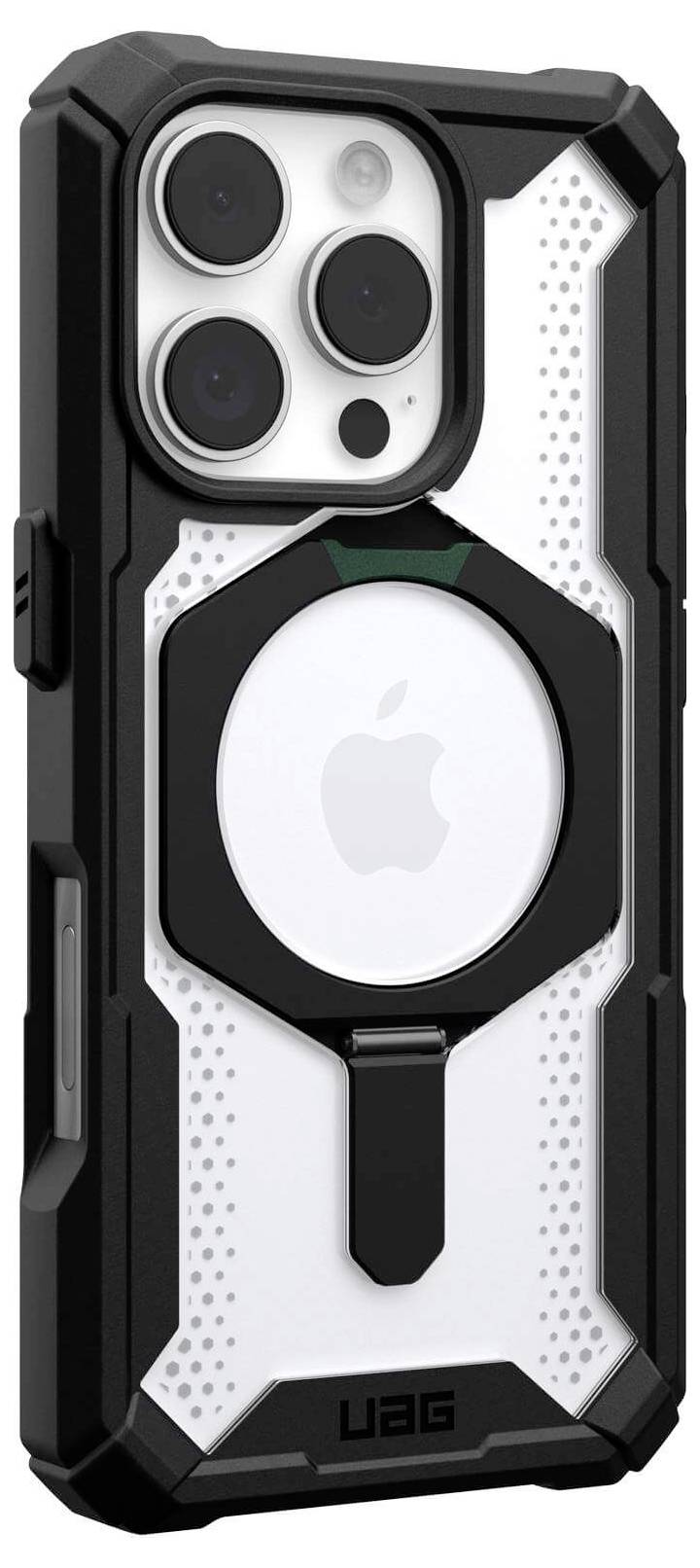 Ein robustes, schwarzes Smartphone-Case mit klaren und weißen Akzenten. Es hat einen großen Ausschnitt für die Kamera und einen Magnetring.