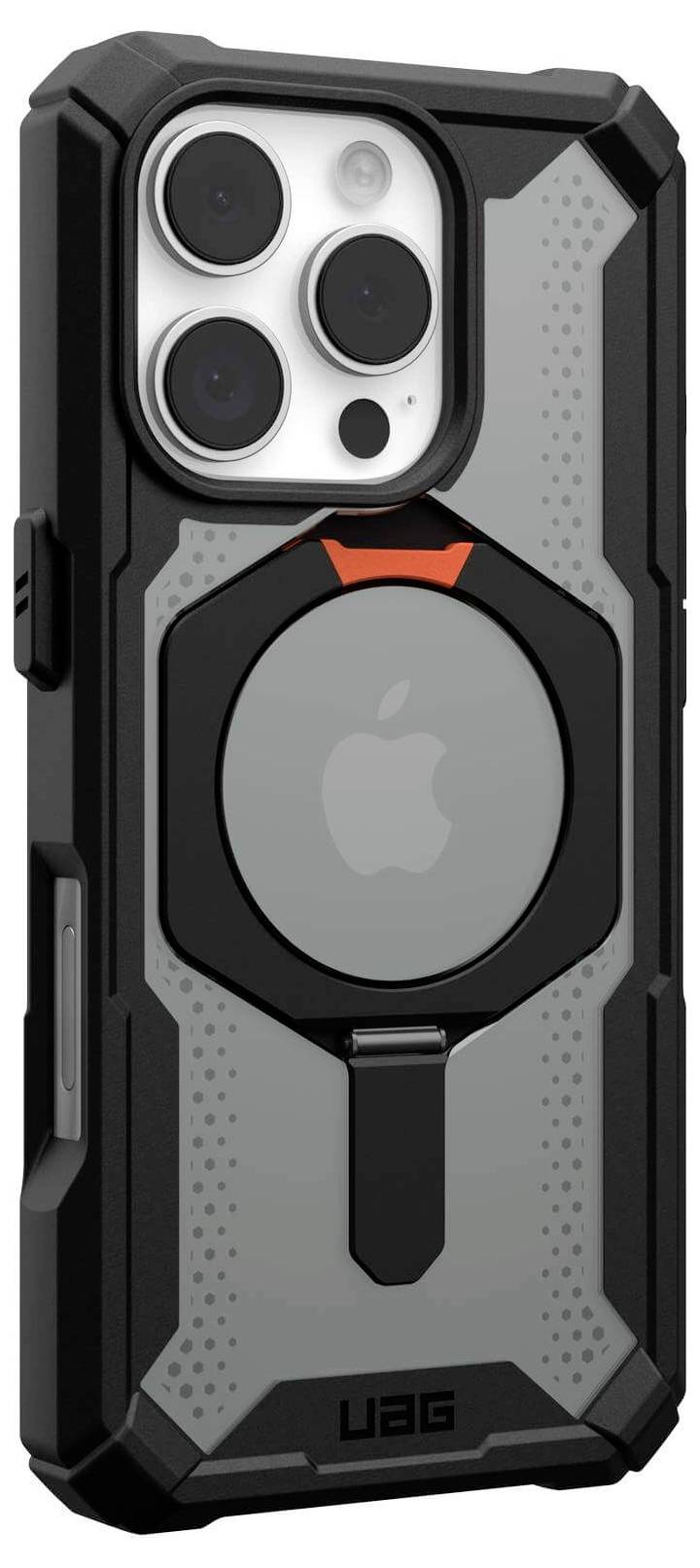 Kantige, schwarze Smartphonehülle mit grauen Akzenten und integriertem Halter. Schützt das Gerät robust und stilvoll.