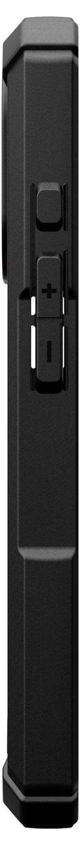 Eine schwarze Fernbedienung in Seitenansicht mit einer Lautstärketaste.