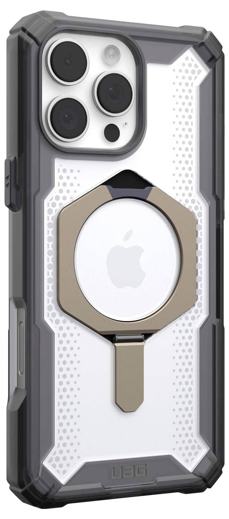 Smartphone mit robustem Schutzgehäuse, verfügt über Kameraaussparungen und eine metallische Ringhalterung auf der Rückseite.